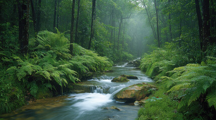 Obraz premium Water Rights and Usage. A serene forest scene with a flowing stream, surrounded by lush greenery and soft mist, creating a peaceful and tranquil atmosphere.