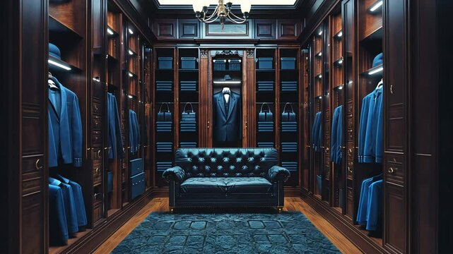 Luxury store of men clothing with black sofa, male wardrobe interior	
