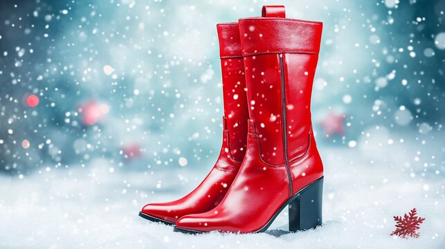 Knee-high red boots for winter, isolated with hints of mistletoe, snowflakes, and a subtle holiday vibe