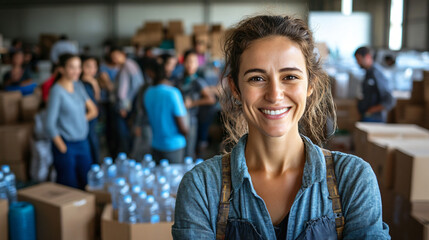 Happy social worker standing with her team in a warehouse, arms crossed and smiling, with donations in the background