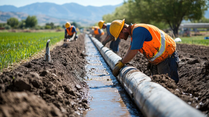Water Rights and Usage. Workers install a pipeline in a trench, surrounded by greenery and mountains, showcasing outdoor labor and agricultural infrastructure.