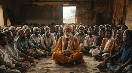 Water Rights and Usage. A gathering of men in traditional attire, focused on a central figure in orange, engaged in a communal discussion in a rustic setting.