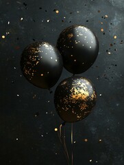 Fototapeta premium Elegant black and gold balloons floating against a dark background with confetti. Perfect for celebrating special occasions, adding a touch of luxury to any event.