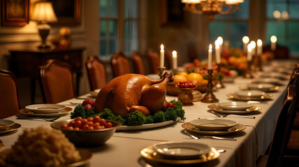 A Classic and Elegant Thanksgiving Feast in a Grand Dining Room with Delicious Dishes and Warm Ambiance