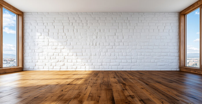 Fototapeta Modern room with large windows and a rustic white brick wall, sunlight reflecting on the polished wooden floor, creating a cozy and open atmosphere with urban views.