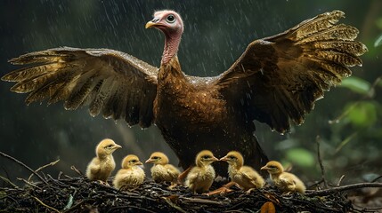 Mother Turkey Bird, in the Nest, Protecting Her Chicks from the Rain, in Nature, Forest, Wallpaper, Cover and Screen for Smartphone, PC, Laptop, 9:16 and 16:9 Format
