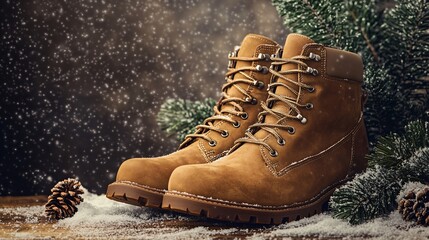 Warm winter boots with suede finish, isolated on a textured background with a dusting of snow and pine accents