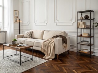 Modern scandianvian living room with design sofa with elegant blanket, coffee table and bookstand on the white wall. Brown wooden parquet. Concept of minimalistic interior.