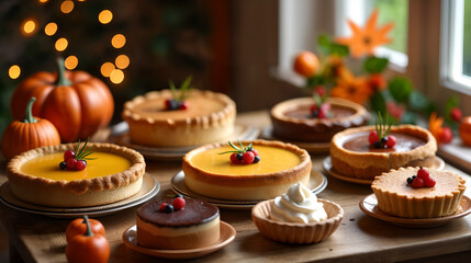 Naklejka premium A Stunning Thanksgiving Dessert Display with Pies, Tarts, and Fairy Lights Creating a Festive Atmosphere
