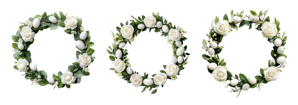 Set of three elegant Easter wreaths featuring white roses and eggs, isolated on a transparent background
