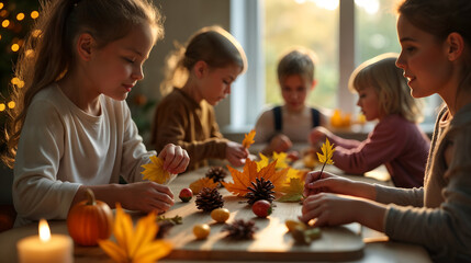 Fototapeta premium A Beautiful Autumn-Themed Thanksgiving Craft Workshop Embracing Creativity and Togetherness