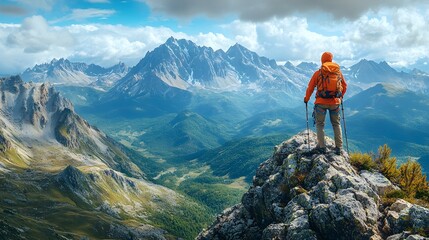climbers reaching the summit of a mountain, with a dramatic view of snow-capped peaks and clouds below. adventure concept