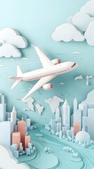 Image of Cartoon illustration of a plane flying over a world map with cities, against a blue sky background printed on Printed Glass Basin Splashbacks