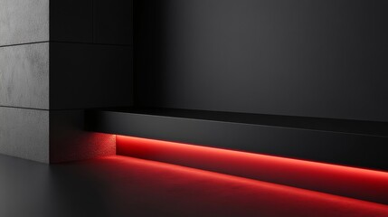 Obraz premium Minimalist black surface with red accent lighting, showcasing sleek design, modern aesthetics, and a touch of vibrancy. Perfect for product displays, branding, and showcasing technology.