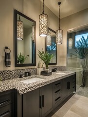 Modern bathroom with double sinks and patterned countertops, featuring stylish pendant lights and a contemporary design.
