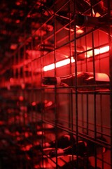 wine bottles on the shelf, red lighting, romantic, sexy