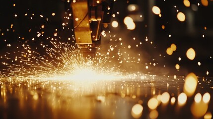 Industrial Laser Cutting Machine in Action cutting metal with sparks flying, showcasing precision, technology, innovation, manufacturing, and industry.