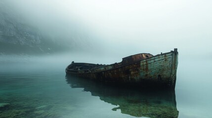 Fototapeta premium Abandoned Rusty Boat in Misty Water