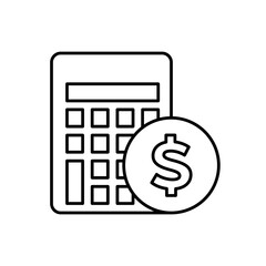 Calculator with dollar sign vector icon. Concept of capital savings calculations. Single outline black icon. On white background. Can be used for any platform. Action promotion and advertising ui, ux.