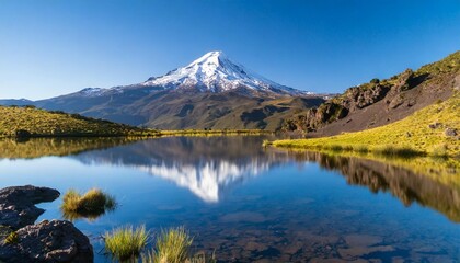 Snow-Capped Volcano Reflecting on the Still Waters of a Remote Mountain Lake, Surrounded by Rocky Shores and Grassy Slopes, Beneath a Clear Blue Sky