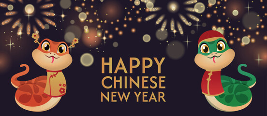 Chinese New Year 2025 is the year of the Snake, the zodiac sign of the Snake. The concept of a traditional holiday card, banner, poster, decorative element  fireworks. Asian style design.