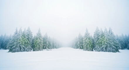 Fototapeta premium Serene Winter Landscape with Snow-Covered Pine Trees in Misty Forest. banner