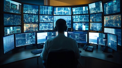 Security analyst in a control room monitoring security