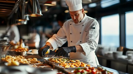 Ships chef on a luxury cruise preparing ship a gourmet