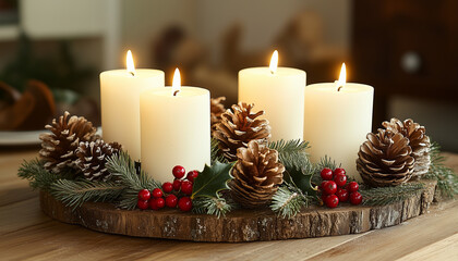 Lit white candles surrounded by pinecones and holly berries on a wooden table