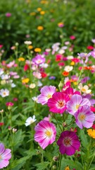 Obraz premium Vivid multi colored mallow flowers blooming abundantly in a lush field, spring, countryside