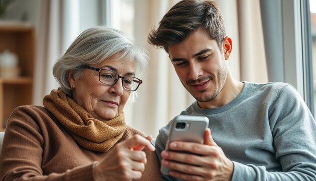 Young man helping senior woman use smartphone at home