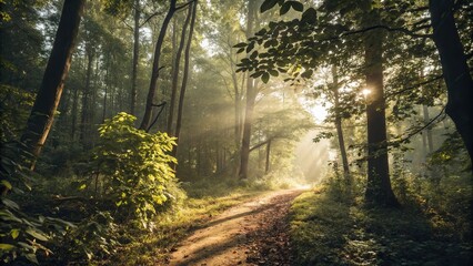 Fototapeta premium Warm sunlight filtering through dense foliage, casting dappled shadows on the forest floor, sunlight, landscape