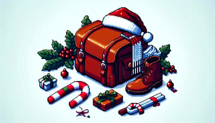 pixel art style Illustration against light background with space for text, isometric