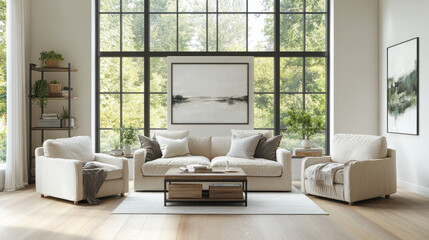 Fototapeta premium A serene living room with stylish decor and greenery in a bright, contemporary space