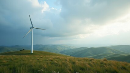 Solitary Wind Turbine on Rolling Hills Promoting Renewable Energy Solutions