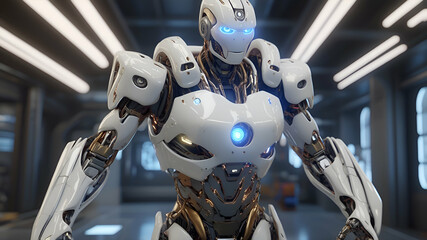 Fototapeta premium Humanoid Robot in Futuristic Lab, Complex Metallic Textures, Ultra-Realistic Sci-Fi.