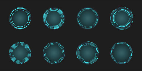 Set of technological round, abstract vector illustration on a black background. Game element for user interface, digital sci-fi drawing. Futuristic. Virtual graphic. Modern technology