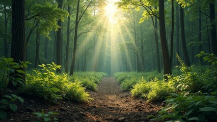 Obraz premium Enchanting Forest Edge with Sunlight Breaking Through - A Symbol of Nature's Beauty and Human Impact