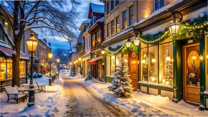 Obraz premium Snowy streets illuminated by streetlights and decorated storefronts. 
