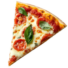 Slice of margherita pizza with melted mozzarella cheese fresh basil and tomato sauce isolated on a transparent background 