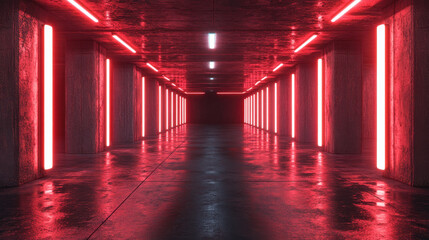 Mysterious underground tunnel illuminated by striking red lights during the late night hours