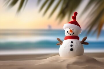 A cheerful snowman wearing a red hat and scarf stands on a sandy beach with ocean waves in the background during holiday festivities