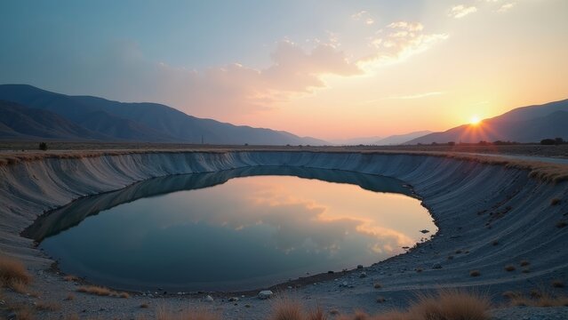 Diminishing Reservoir Reflecting a Dusky Sky with Drought Effects