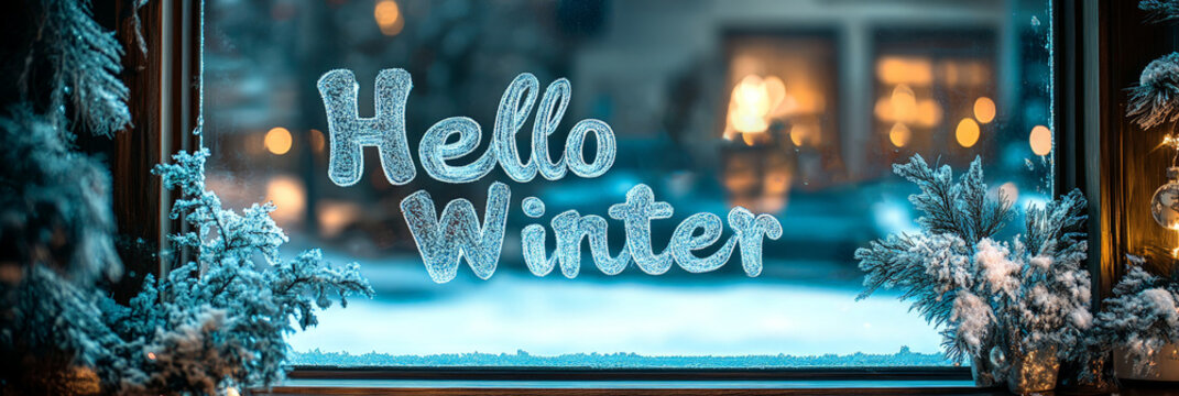 A cozy winter scene with "Hello Winter" etched on a frosted window, surrounded by snow-dusted pine branches and warm lights in the background.