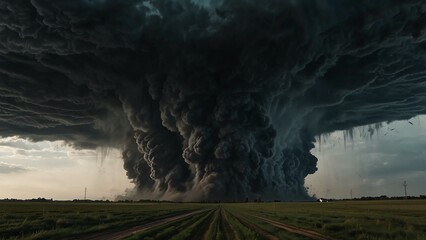 A massive tornado swirls through the heart of Tornado Alley, its dark funnel reaching towards the sky with a menacing presence. The generative AI captures every detail of the swirling winds and debris