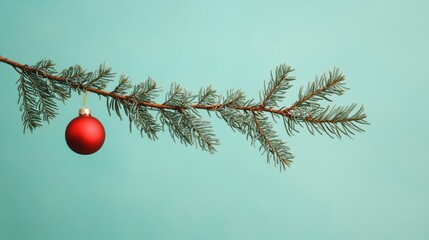 Green christmas tree branch with red ornament on mint background