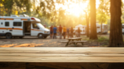 Warm and inviting wooden picnic table at a campsite with campers enjoying a summer sunset, setting the scene for a fun gathering of friends and outdoor adventures in nature
