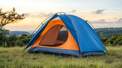 Orange and blue camping tent set up on grassy field, offering shelter and a place to rest amidst a scenic sunset view