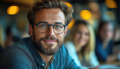 Obraz premium Man with beard and glasses smiling at the camera in a cafe