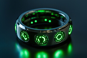 Contemporary health ring with luminous green interface.